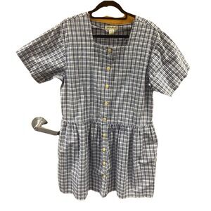 VTG 90s Eddie Bauer Flannel Dress L Button Front Short Sleeve Cottage w/Pockets